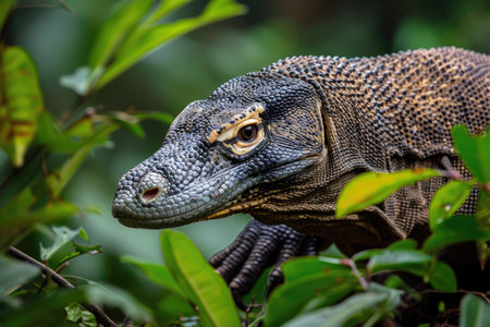 A stealthy Komodo Dragon navigating its way through the lush forestの素材