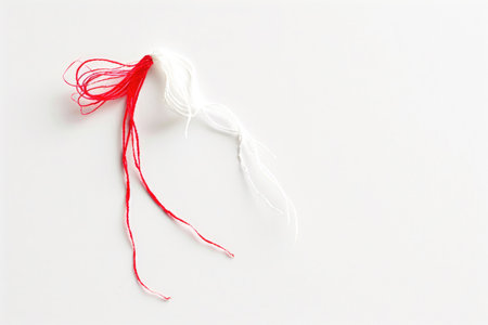 A minimalist yet elegant photograph of a Martisor symbol, meticulously on a white backdropの素材