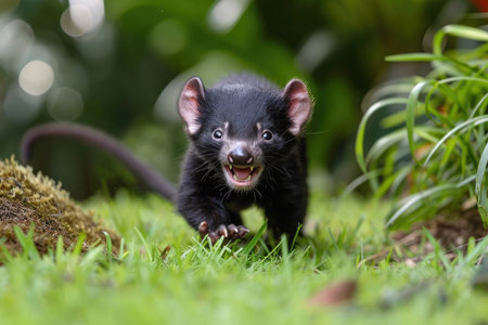 A playful Tasmanian Devil pup in a moment of youthful exuberanceの素材