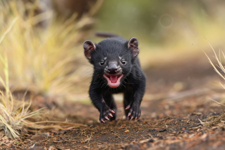 A playful Tasmanian Devil pup in a moment of youthful exuberanceの素材