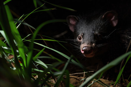 A Tasmanian Devil engaged in a nocturnal huntの素材