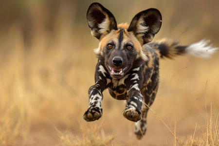 The funny antics of an African Wild Dog entertaining in canine capersの素材
