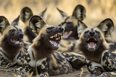 A moment of pure laughter among a group of funny African Wild Dogsの素材