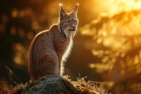 A Lynx bathed in sunlight, with a penetrating stareの素材