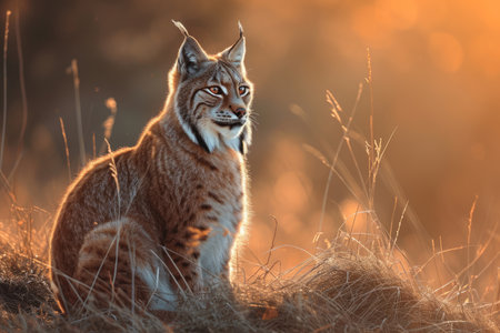 A Lynx bathed in sunlight, with a penetrating stareの素材