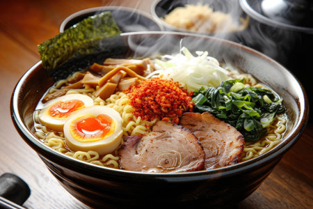 A steaming bowl of ramen - local Japanese noodles, savory broth, and an array of fresh toppingsの素材