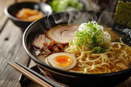 A steaming bowl of ramen - local Japanese noodles, savory broth, and an array of fresh toppingsの素材