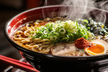 A steaming bowl of ramen - local Japanese noodles, savory broth, and an array of fresh toppingsの素材