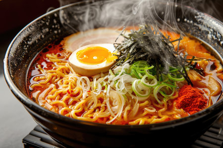 A steaming bowl of ramen - local Japanese noodles, savory broth, and an array of fresh toppingsの素材
