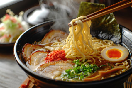 A steaming bowl of ramen - local Japanese noodles, savory broth, and an array of fresh toppingsの素材