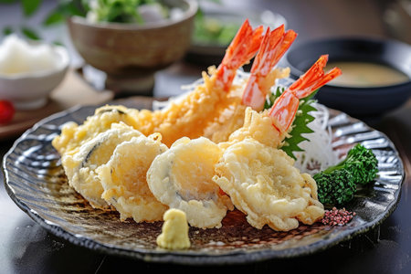 A golden Japanese tempura, featuring an assortment of local vegetables and seafoodの素材