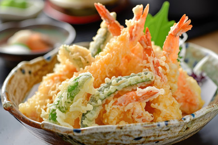 A golden Japanese tempura, featuring an assortment of local vegetables and seafoodの素材