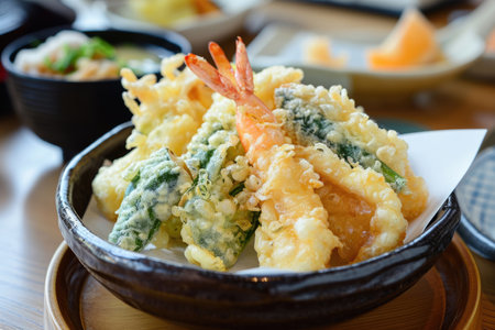 A golden Japanese tempura, featuring an assortment of local vegetables and seafoodの素材