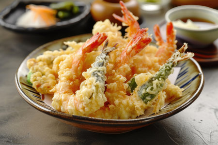 A golden Japanese tempura, featuring an assortment of local vegetables and seafoodの素材