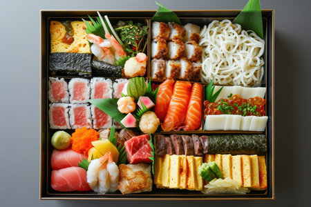 A meticulously arranged bento box filled with a variety of local Japanese delicaciesの素材