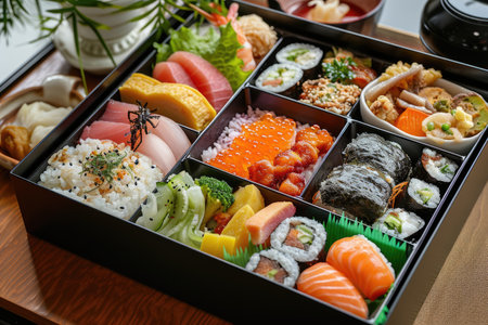 A meticulously arranged bento box filled with a variety of local Japanese delicaciesの素材
