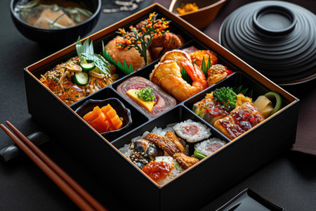 A meticulously arranged bento box filled with a variety of local Japanese delicaciesの素材