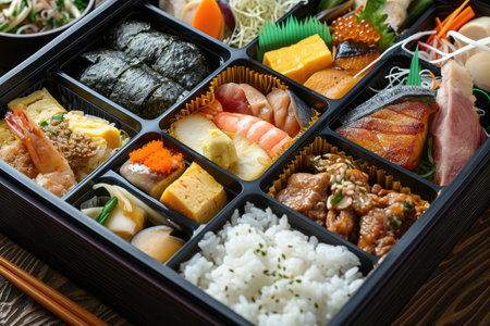 A meticulously arranged bento box filled with a variety of local Japanese delicaciesの素材