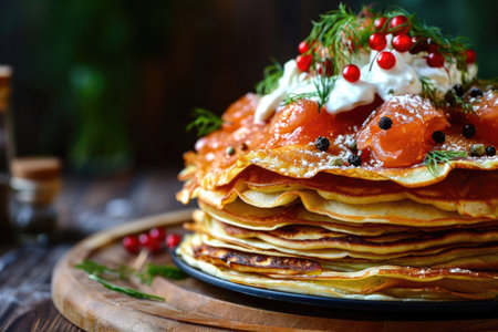 A stack of blini, Russian pancakes, served with an assortment of sweet and savory toppingsの素材