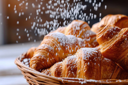 A basket of freshly baked croissants, flaky and golden, with a dusting of powdered sugarの素材