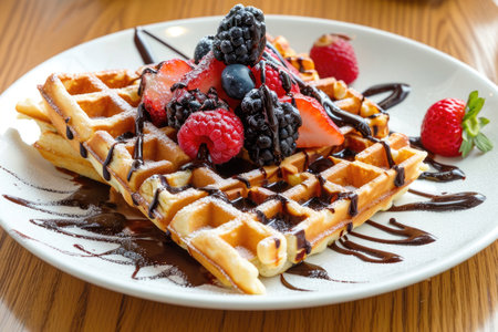 A plate of Belgian waffles with a chocolate sauce and topped with fresh berriesの素材