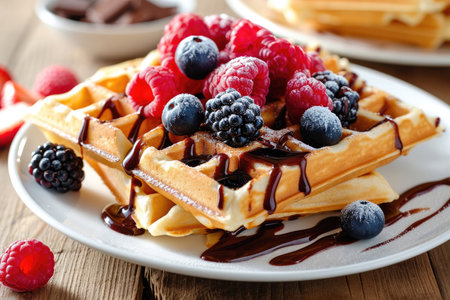 A plate of Belgian waffles with a chocolate sauce and topped with fresh berriesの素材