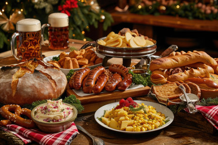 Bavarian delights featuring hearty portions of sausages, pretzels and delectable schnitzelの素材