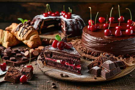 The iconic desserts of the Black Forest region, slices of Black Forest cake and cherry strudelの素材