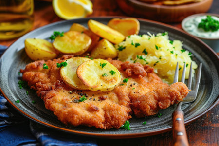 A schnitzel with a side of tangy sauerkraut and crispy potatoesの素材