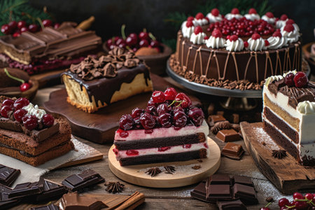 The iconic desserts of the Black Forest region, slices of Black Forest cake and cherry strudelの素材