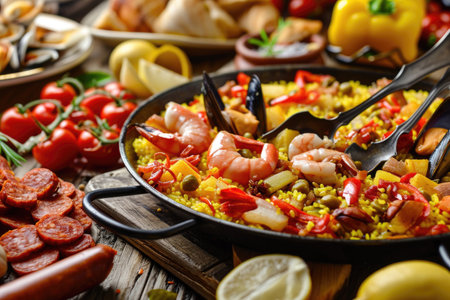 Spanish local foods, from patatas bravas to succulent chorizo bites and paellaの素材