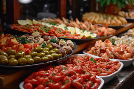 An assortment of Spanish tapas, featuring stuffed olives, patatas bravas, and gambas al ajilloの素材