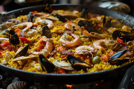 A panoramic view of a sizzling paellaの素材