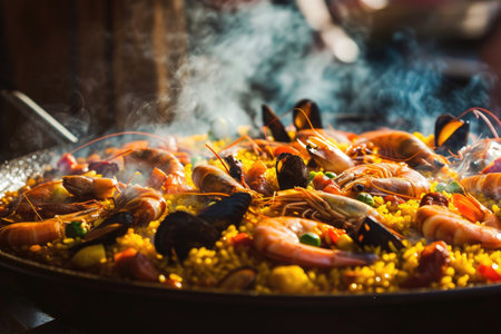 A panoramic view of a sizzling paellaの素材