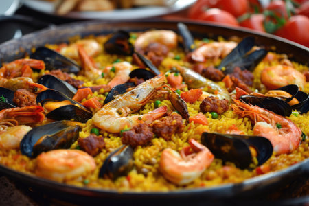 A panoramic view of a sizzling paellaの素材