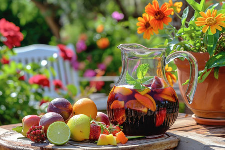 A refreshing sangria pitcher under the Mediterranean sunの素材
