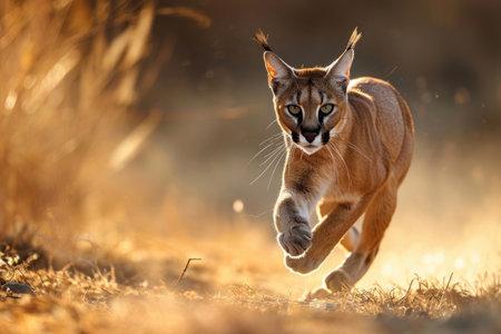 The Caracal is captured mid-prowl, showcasing its powerful muscles and lithe movementsの素材