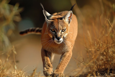 The Caracal is captured mid-prowl, showcasing its powerful muscles and lithe movementsの素材
