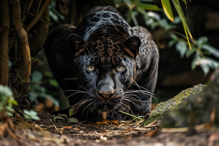 The Panther is crouched low, muscles tensed, as it prepares to pounce with unmatched precisionの素材