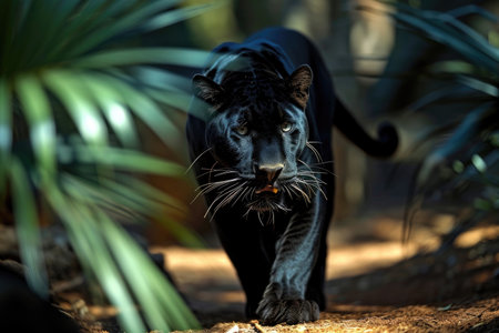 The Panther is crouched low, muscles tensed, as it prepares to pounce with unmatched precisionの素材