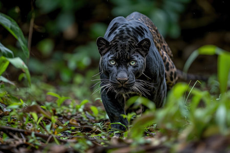 The Panther is crouched low, muscles tensed, as it prepares to pounce with unmatched precisionの素材