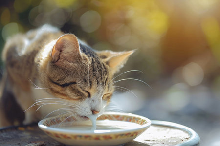 The cat, with its charming whiskers, engages in a sophisticated milk-sipping experienceの素材