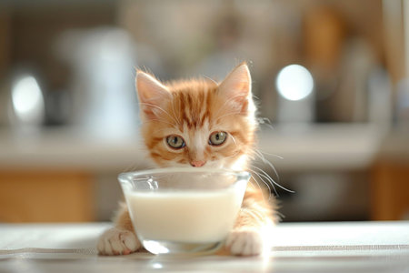 The cat, with its charming whiskers, engages in a sophisticated milk-sipping experienceの素材
