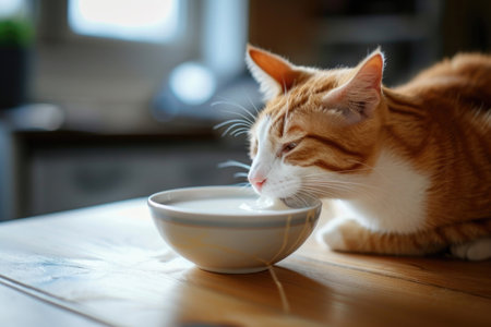 The cat, with its charming whiskers, engages in a sophisticated milk-sipping experienceの素材