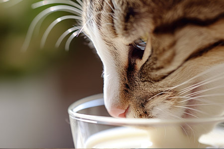 The cat, with its charming whiskers, engages in a sophisticated milk-sipping experienceの素材