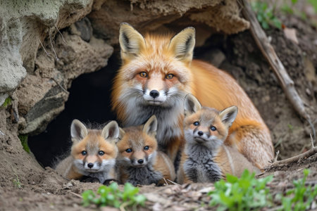 A red fox family shares a tender bonding moment in their cozy denの素材