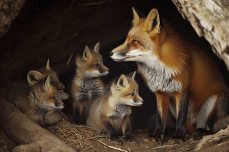 A red fox family shares a tender bonding moment in their cozy denの素材