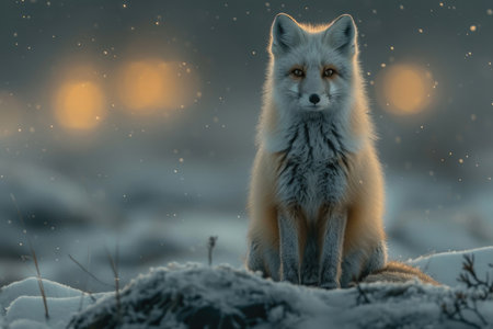 A majestic Arctic fox poses against the backdrop of the Northern Lightsの素材