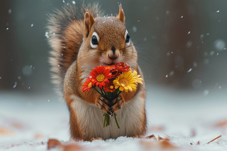 A love-struck squirrel tenderly offers a vibrant bouquet of flowers to its companionの素材