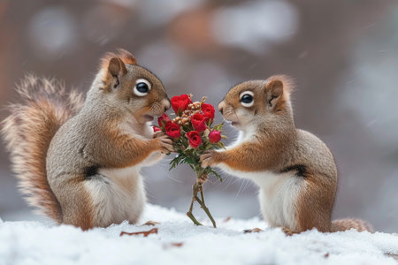 A love-struck squirrel tenderly offers a vibrant bouquet of flowers to its companionの素材